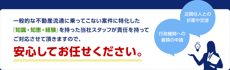 一般的な不動産流通に乗ってこない案件に特化した『知識・知恵・経験』を持った当社スタッフが責任を持ってご対応させて頂きますので、安心してお任せください。