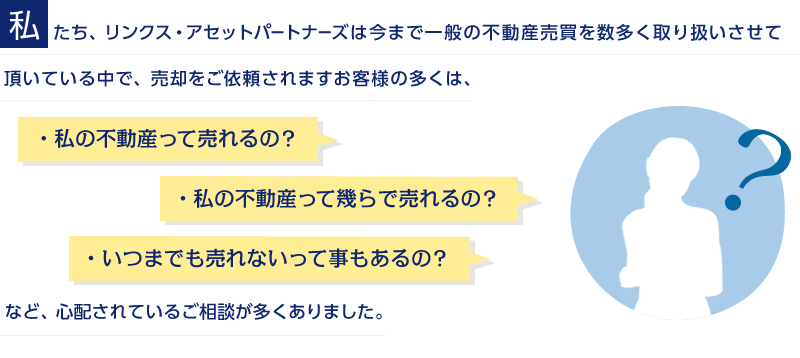 私たち、リンクス・アセットパートナーズは今まで一般の不動産売買を数多く取り扱いさせて頂いている中で、売却をご依頼されますお客様の多くは、・私の不動産って売れるの？・私の不動産って幾らで売れるの？・いつまでも売れないって事もあるの？など、心配されているご相談が多くありました。